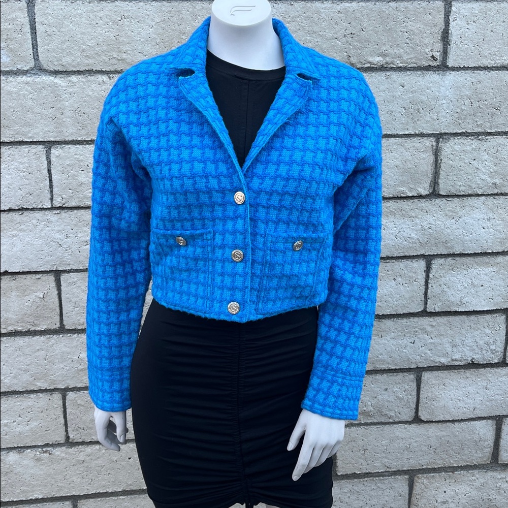 Sandro cropped blue houndstooth tweed jacket - Picture 2 of 9